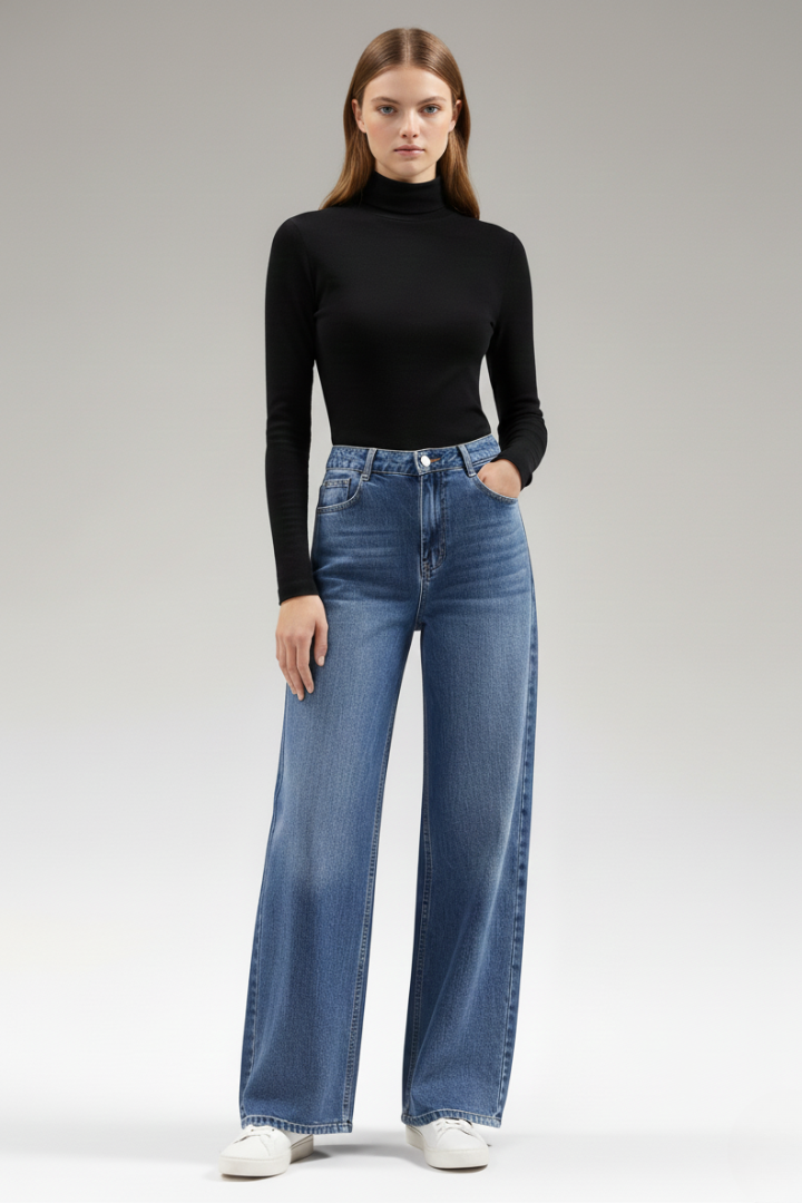 Dame Vidt benskåret Jeans med bælte Loops og Lommer