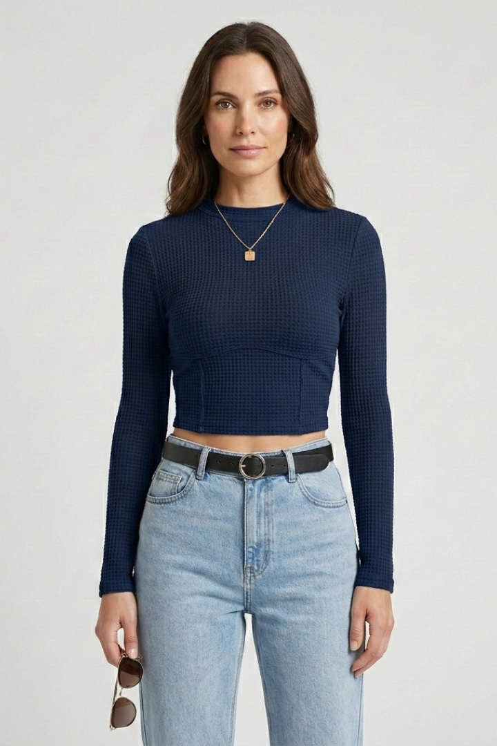 Dame Langt ærme CropTop in Teksturd Jersey ved Heidi-Mode