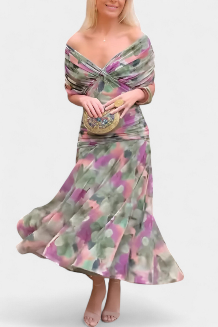 Women's Floral Pleated V-Neck Maxi Dress for Evening Wear — view 5