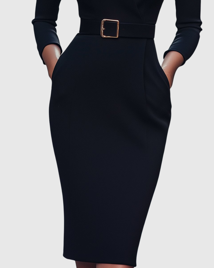Rosamond | Women's Belted V-Neck Long Sleeve Midi Dress