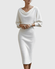 Women's Draped Fitted Cowl-Neck Long-Sleeve Midi Dress for Evening Wear — view 7