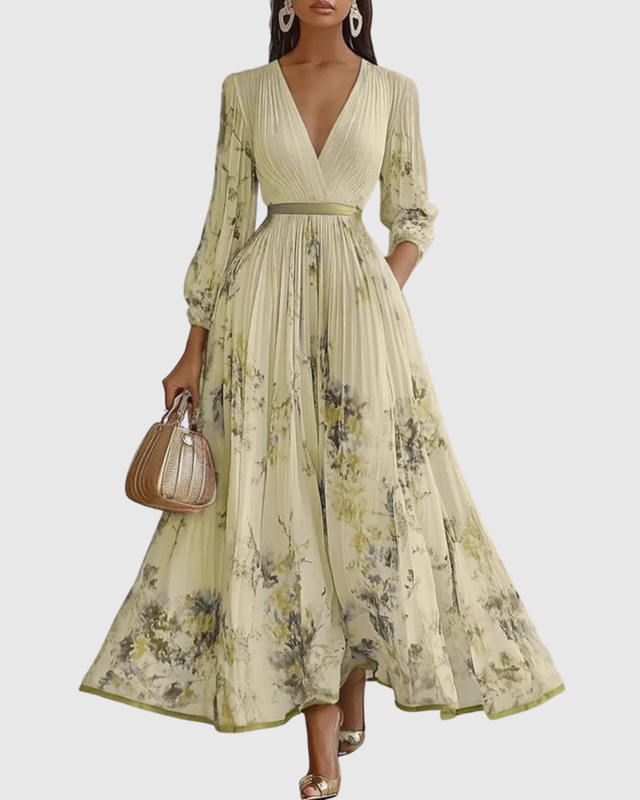 Women's Floral Pleated Tie-Waist V-Neck Maxi Dress for Formal Occasions — view 8