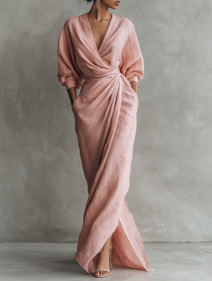 Opaline | Women's Long-Sleeve V-Neck Maxi Dress for Easy Dressing in Pink, image 1