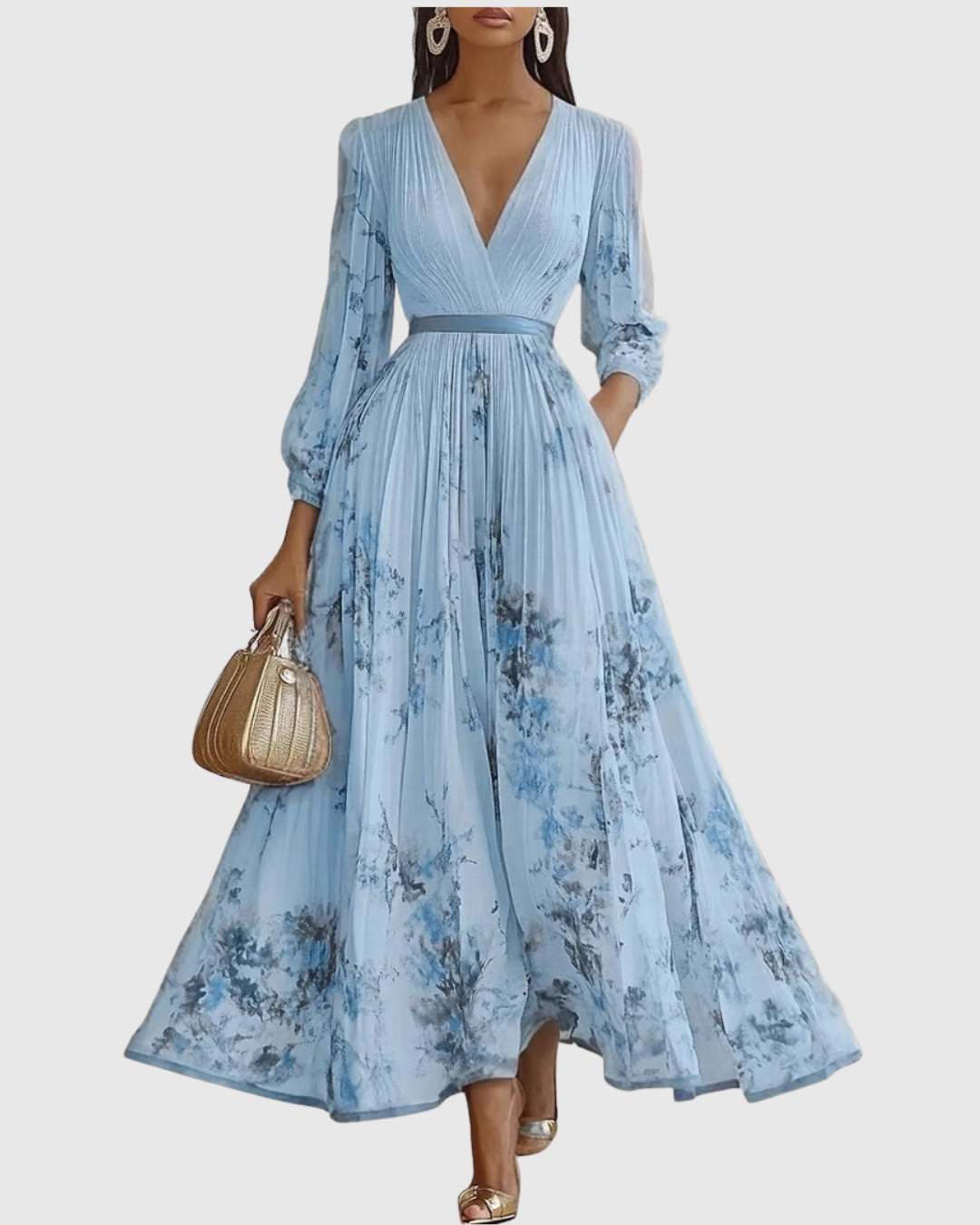 Women's Floral Pleated Tie-Waist V-Neck Maxi Dress for Formal Occasions — view 6