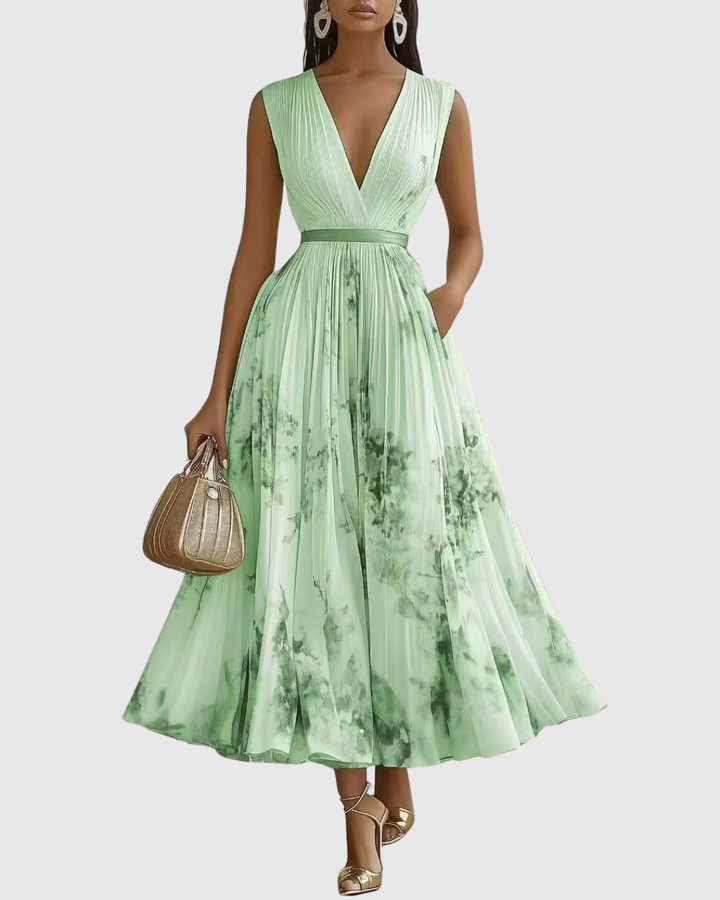 Women's Floral Pleated Tie-Waist V-Neck Maxi Dress for Formal Occasions — view 14