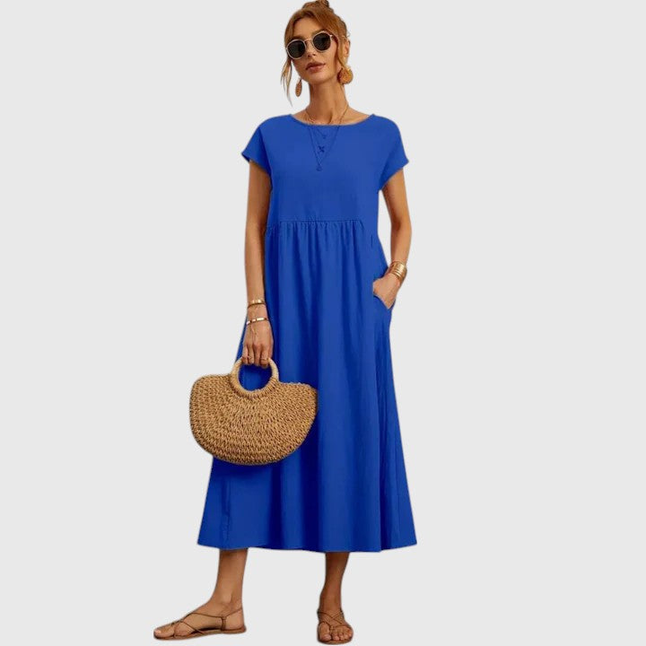 Women's Relaxed-Fit Flowy Round-Neck Short-Sleeve Midi Dress for Casual Wear — view 7