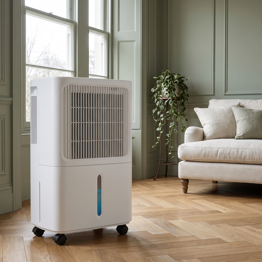 12L compressor dehumidifier by the sash window of a panelled living room