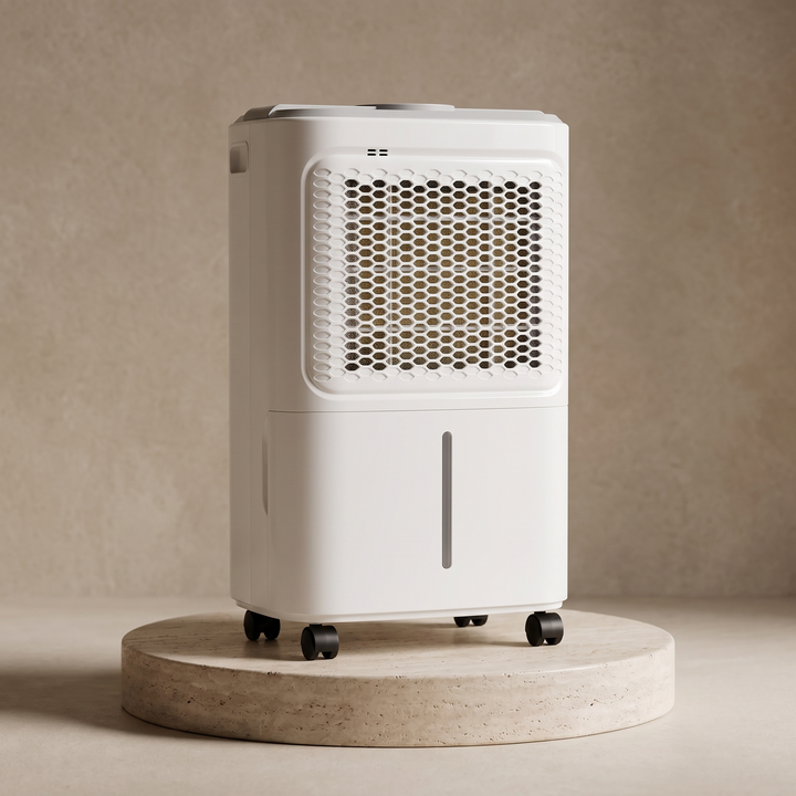 12L smart dehumidifier on a travertine plinth
