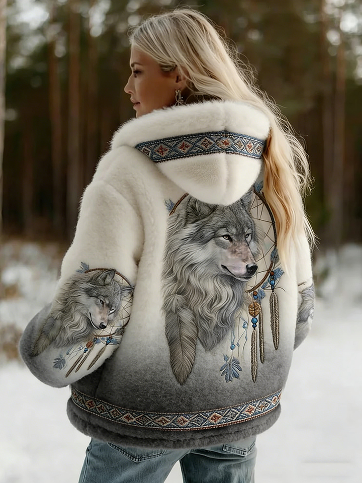 Ludmilla | Women's Hooded Wolf Print Jacket with Patterned Trim