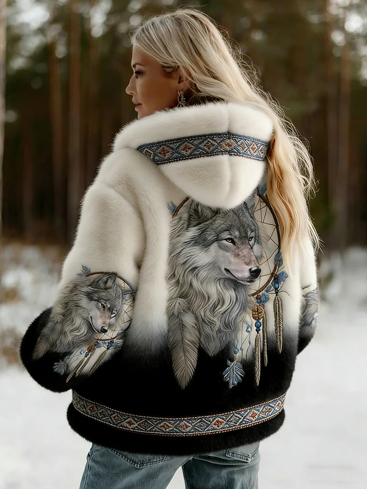Ludmilla | Women's Hooded Wolf Print Jacket with Patterned Trim