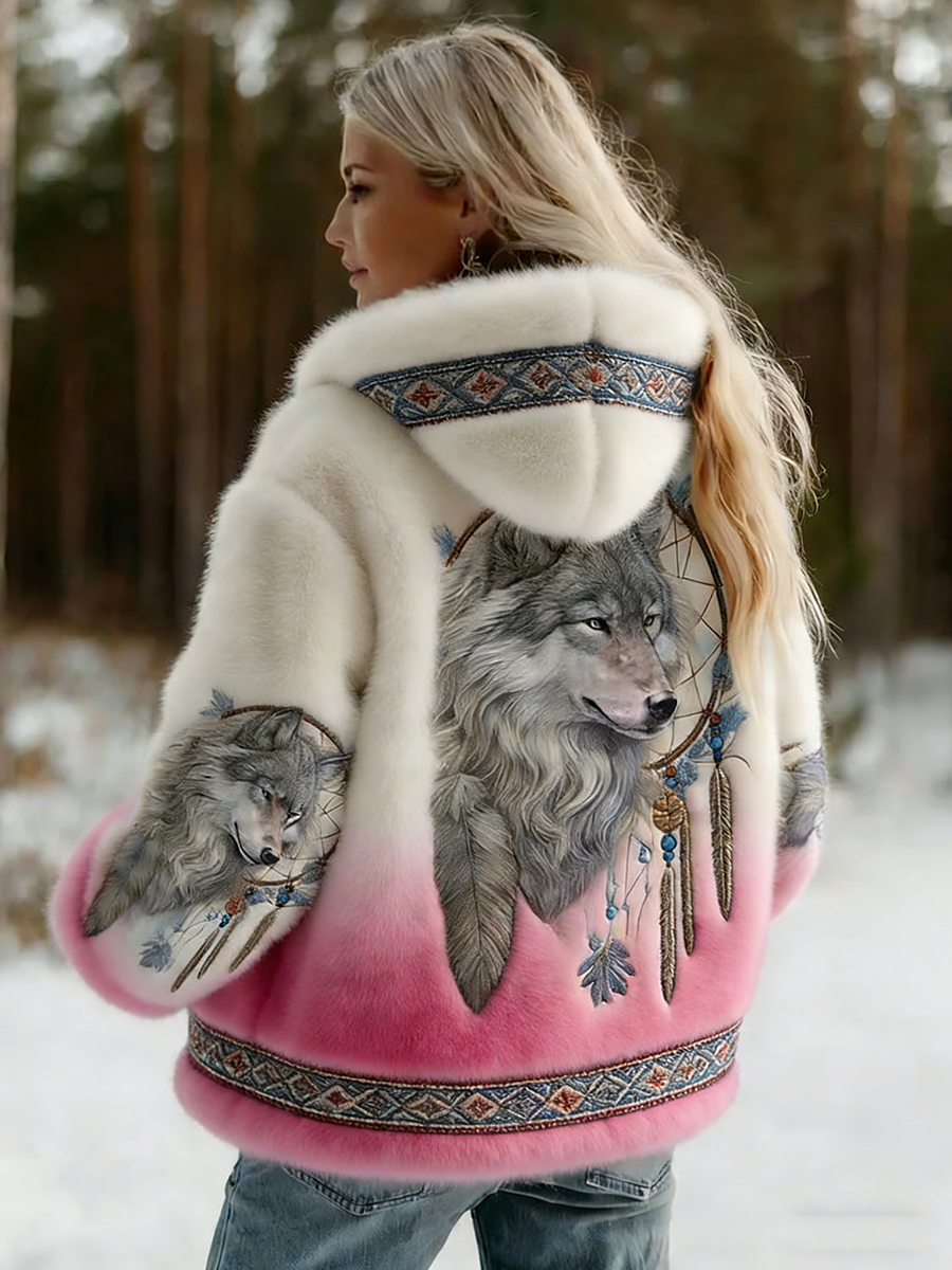 Ludmilla | Women's Hooded Wolf Print Jacket with Patterned Trim