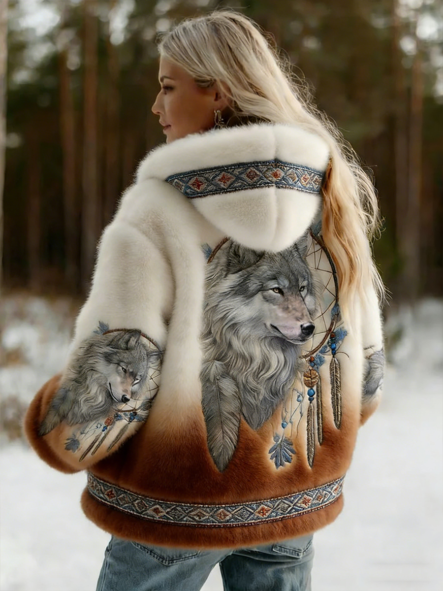 Ludmilla | Women's Hooded Wolf Print Jacket with Patterned Trim