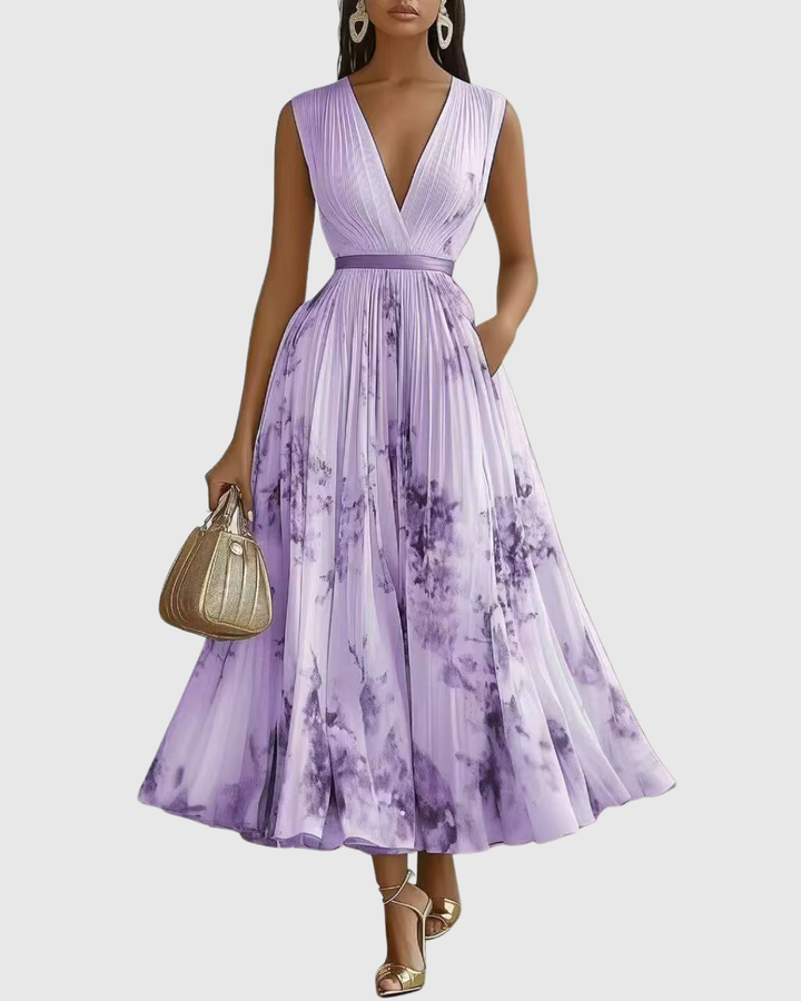 Women's Floral Pleated Tie-Waist V-Neck Maxi Dress for Formal Occasions — view 15