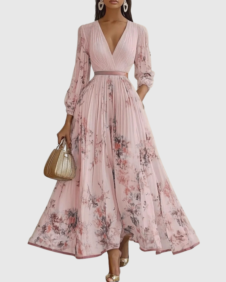 Women's Floral Pleated Tie-Waist V-Neck Maxi Dress for Formal Occasions — view 11