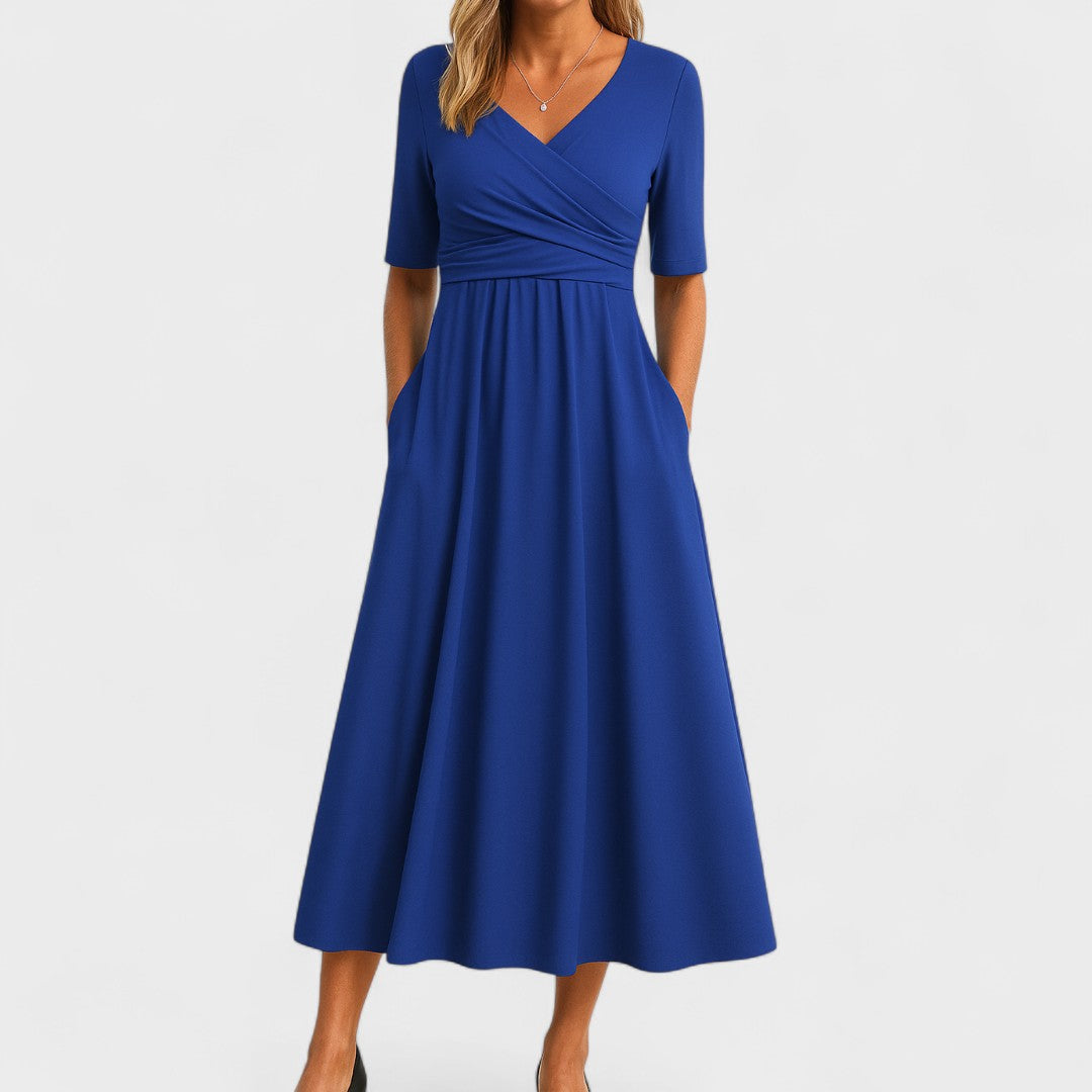 Women's Wrap Pleated V-Neck Midi Dress for Summer — view 3