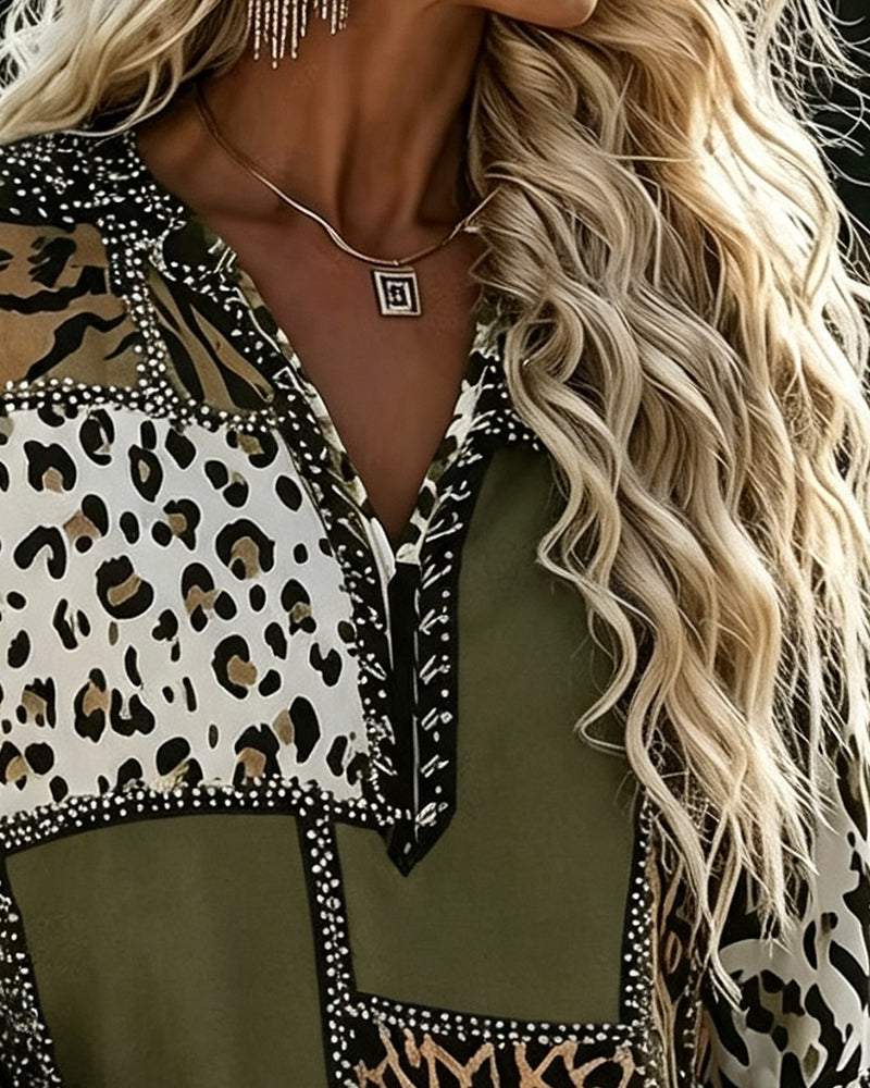 Vivianne | Women's Leopard Color Block V-Neck Blouse