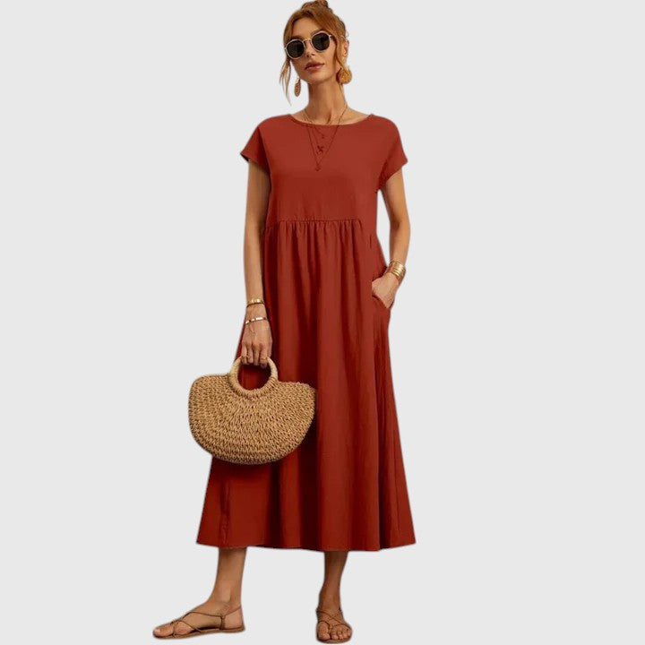 Women's Relaxed-Fit Flowy Round-Neck Short-Sleeve Midi Dress for Casual Wear — view 8