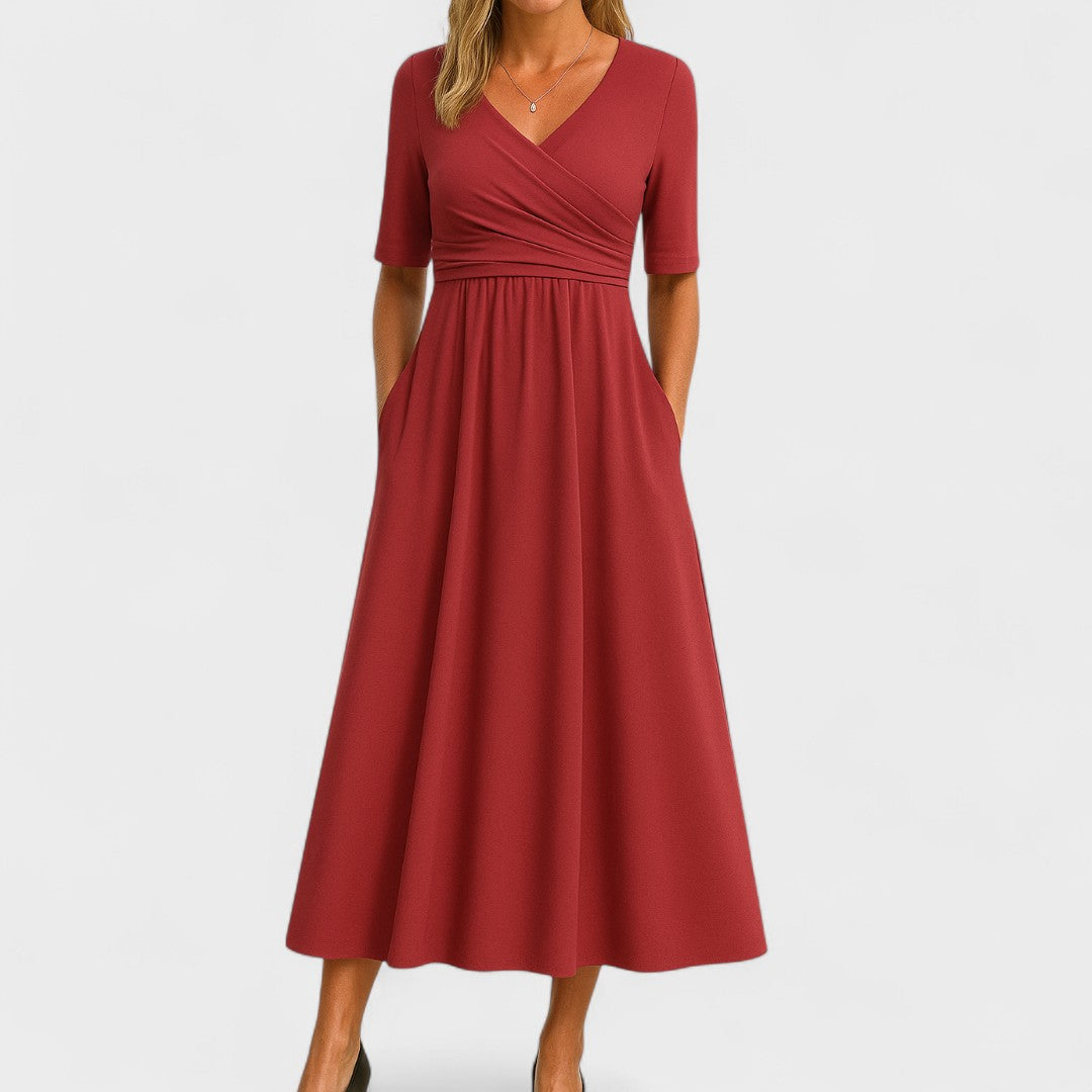 Women's Wrap Pleated V-Neck Midi Dress for Summer — view 6