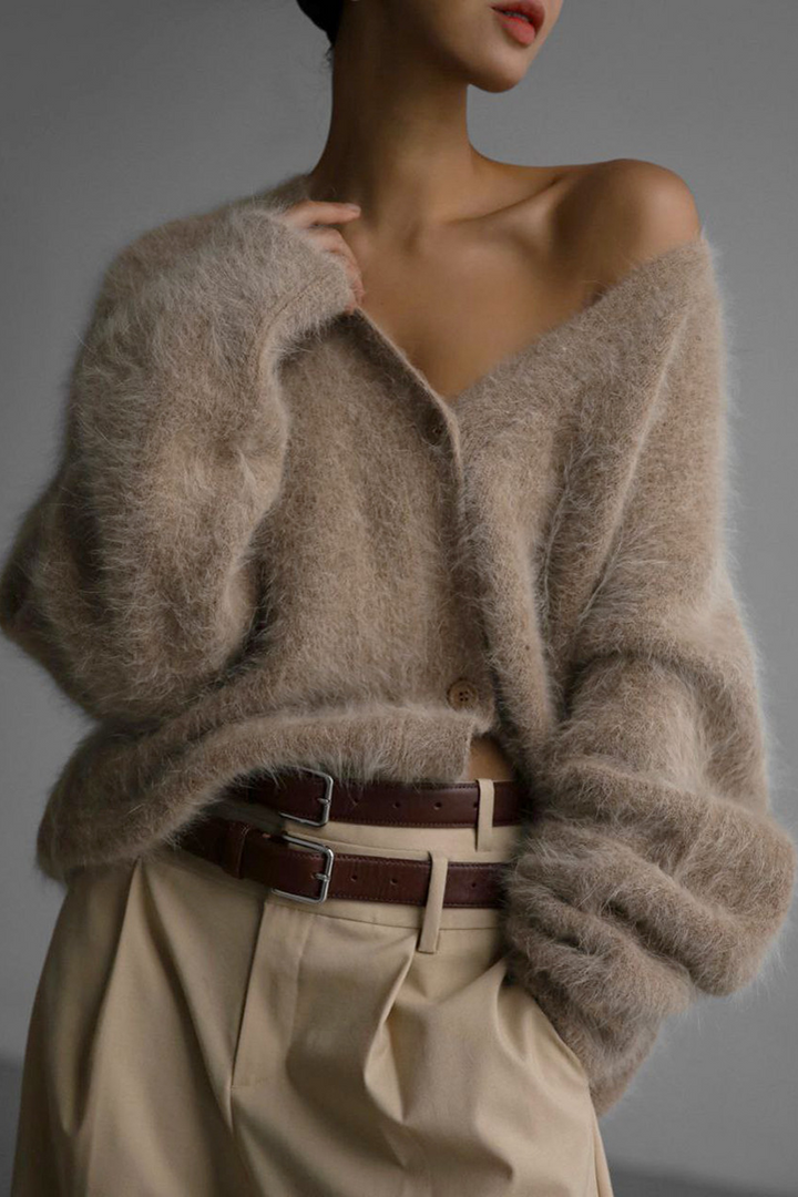 Isaline | Women's Fuzzy V-Neck Button Cardigan
