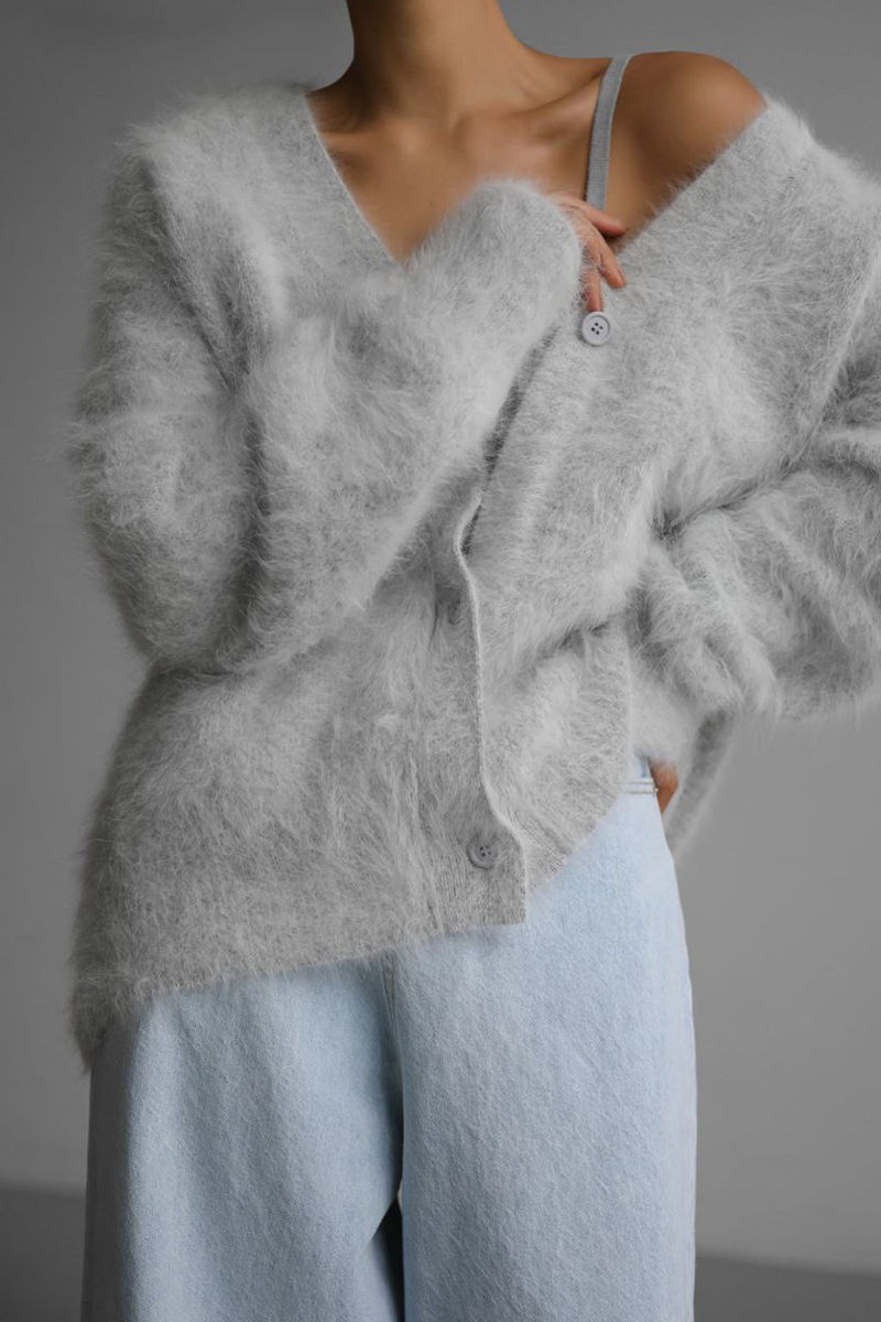 Isaline | Women's Fuzzy V-Neck Button Cardigan