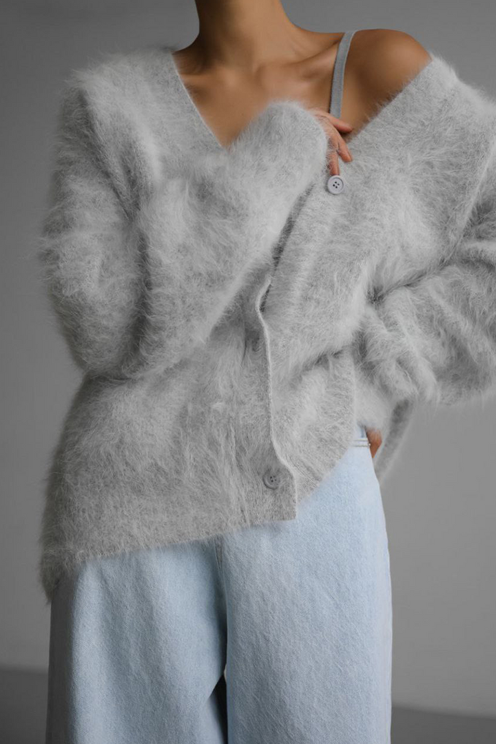 Isaline | Women's Fuzzy V-Neck Button Cardigan