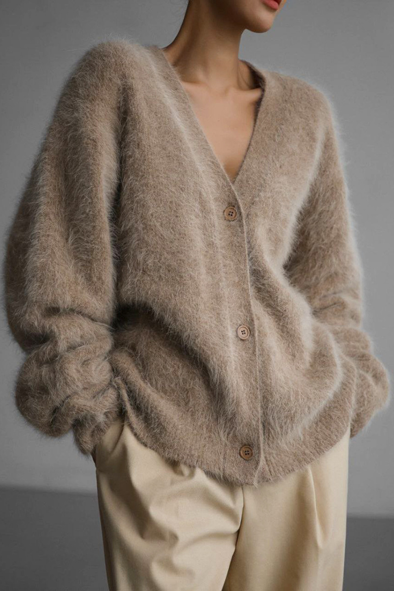 Isaline | Women's Fuzzy V-Neck Button Cardigan