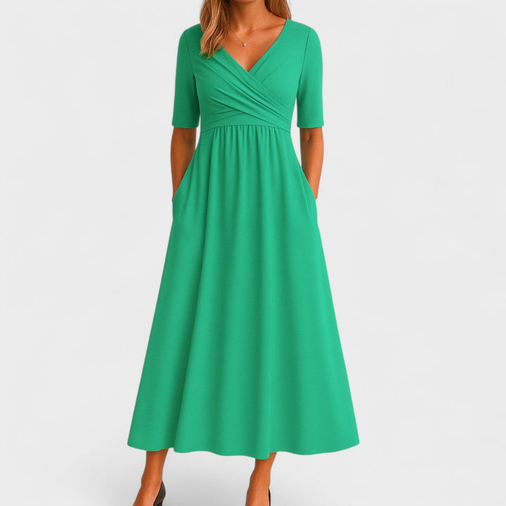 Women's Wrap Pleated V-Neck Midi Dress for Summer — view 5