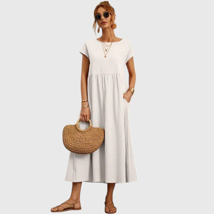 Women's Relaxed-Fit Flowy Round-Neck Short-Sleeve Midi Dress for Casual Wear — view 3