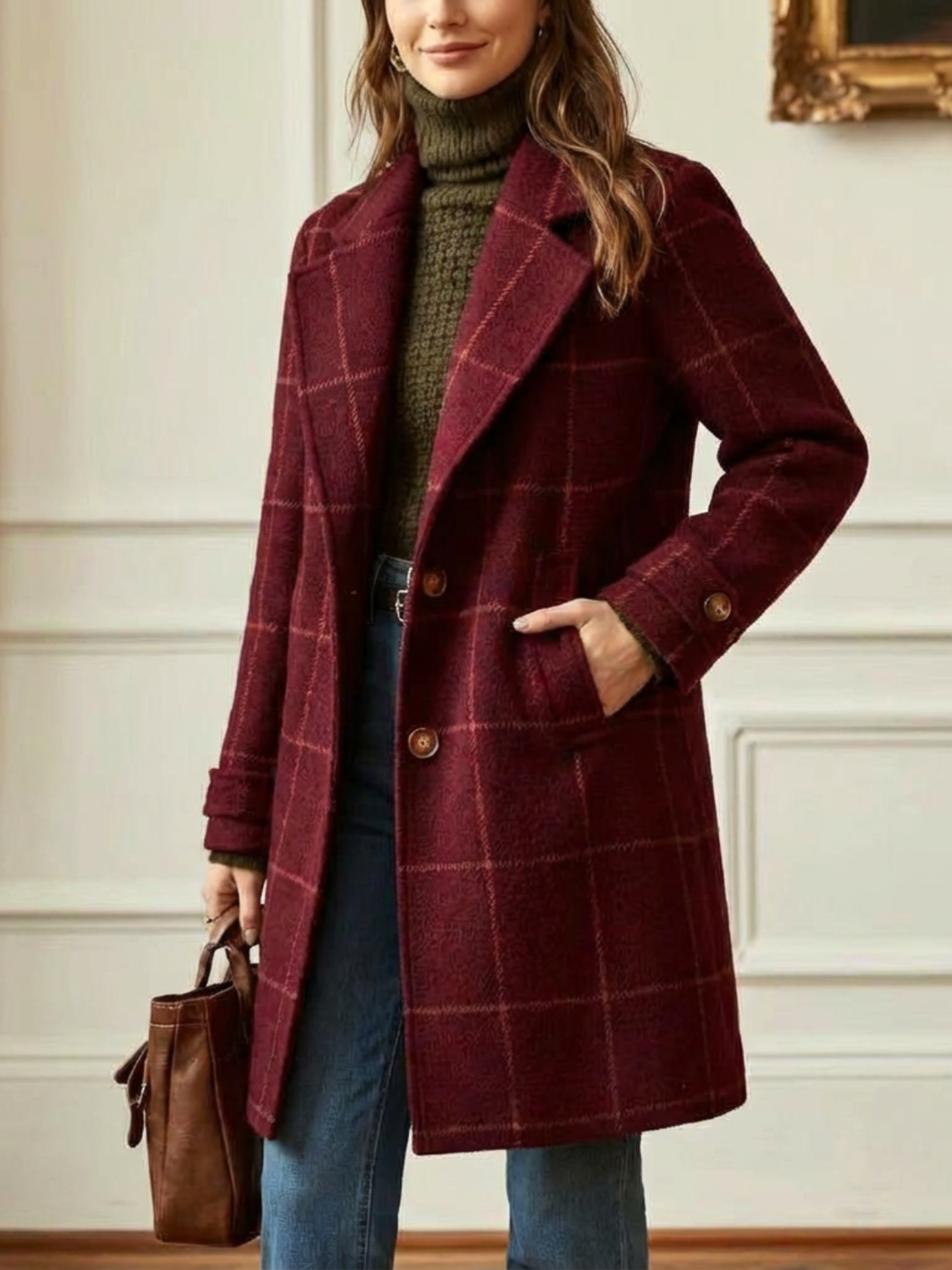 Arvae | Women's Checked Wool Blend Long Coat
