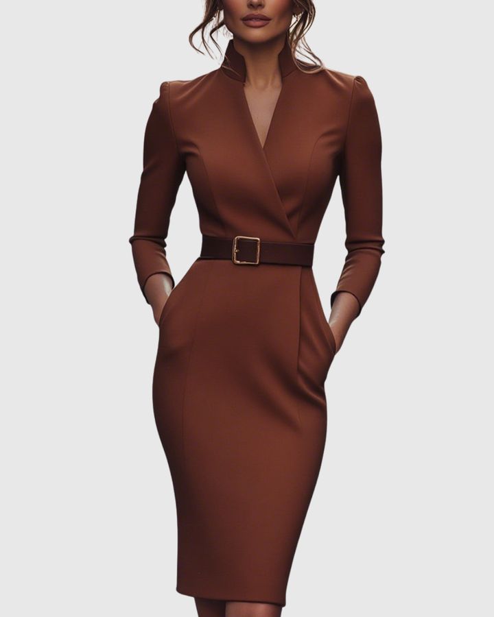 Rosamond | Women's Belted V-Neck Long Sleeve Midi Dress