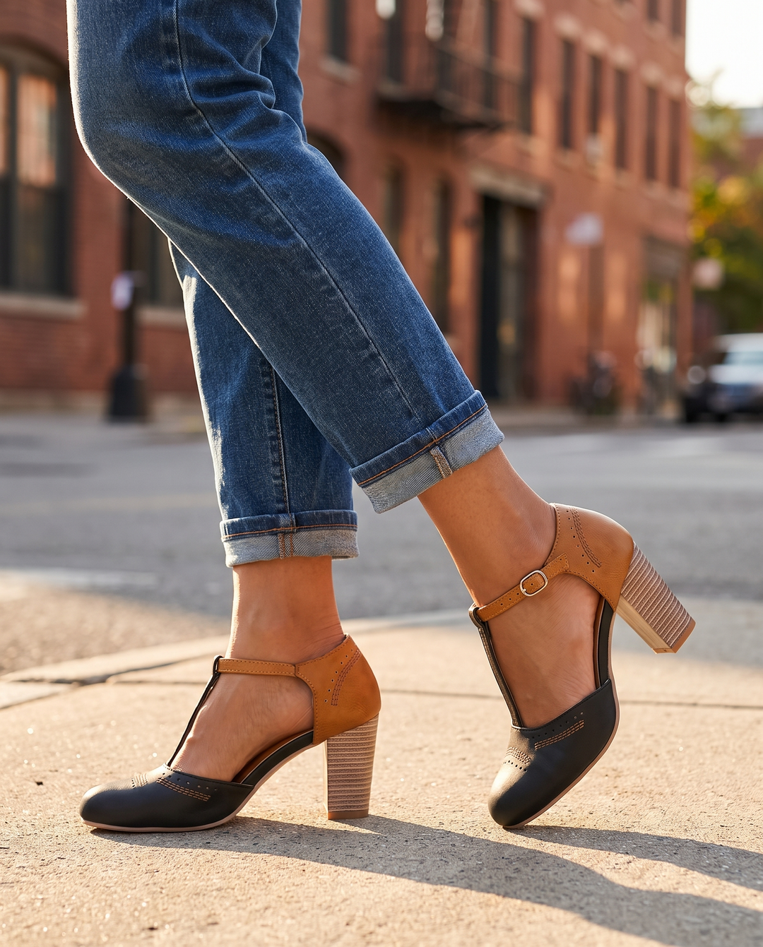 Clarisse | Women's T-Bar Block Heel Dress Shoes - worn on the street