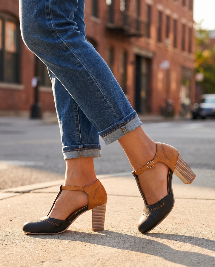 Clarisse | Women's T-Bar Block Heel Dress Shoes - worn on the street