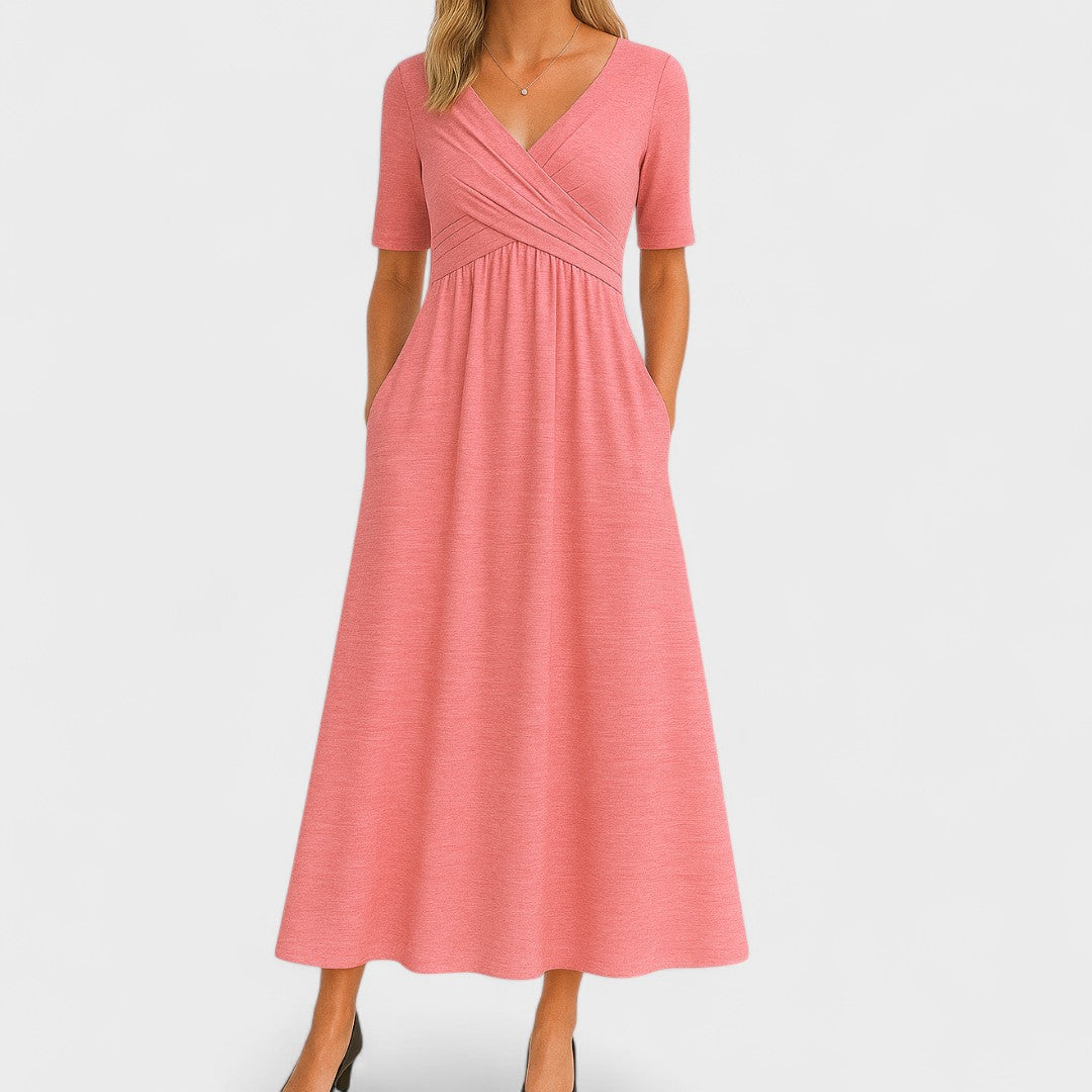 Women's Wrap Pleated V-Neck Midi Dress for Summer — view 7