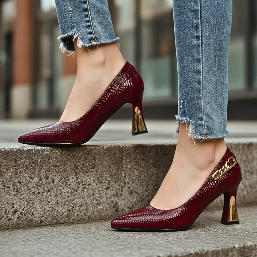 Merewyn Croc-Effect Pointed Pumps with Chain Detail - image 7