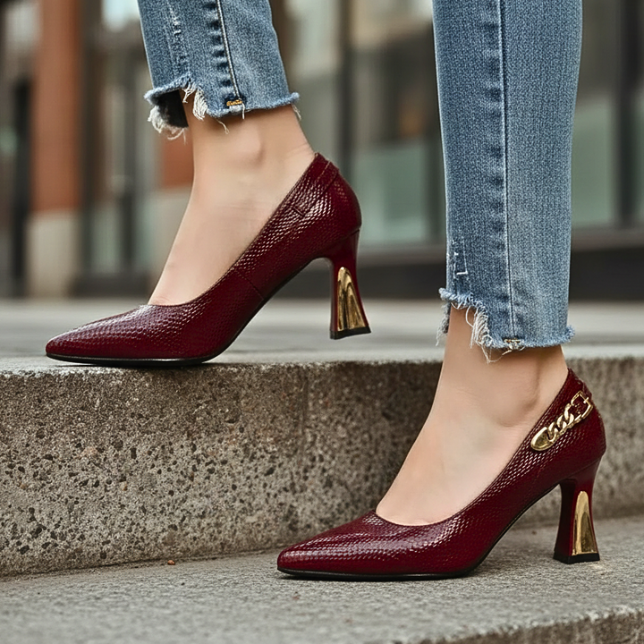 Merewyn Croc-Effect Pointed Pumps with Chain Detail - image 7