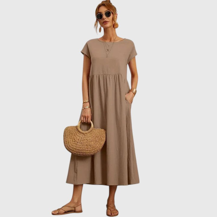 Women's Relaxed-Fit Flowy Round-Neck Short-Sleeve Midi Dress for Casual Wear — view 9
