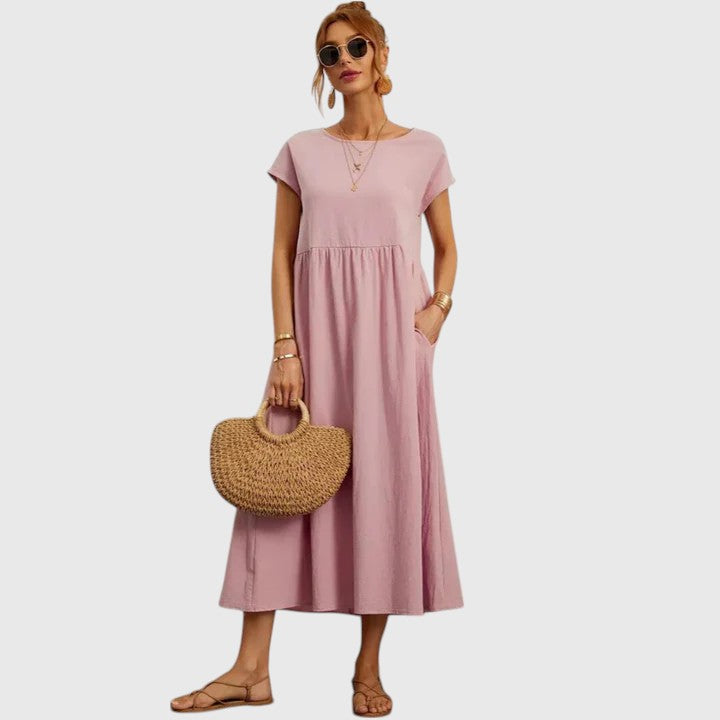 Women's Relaxed-Fit Flowy Round-Neck Short-Sleeve Midi Dress for Casual Wear — view 10