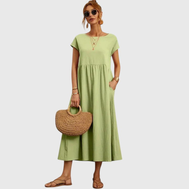 Women's Relaxed-Fit Flowy Round-Neck Short-Sleeve Midi Dress for Casual Wear — view 4