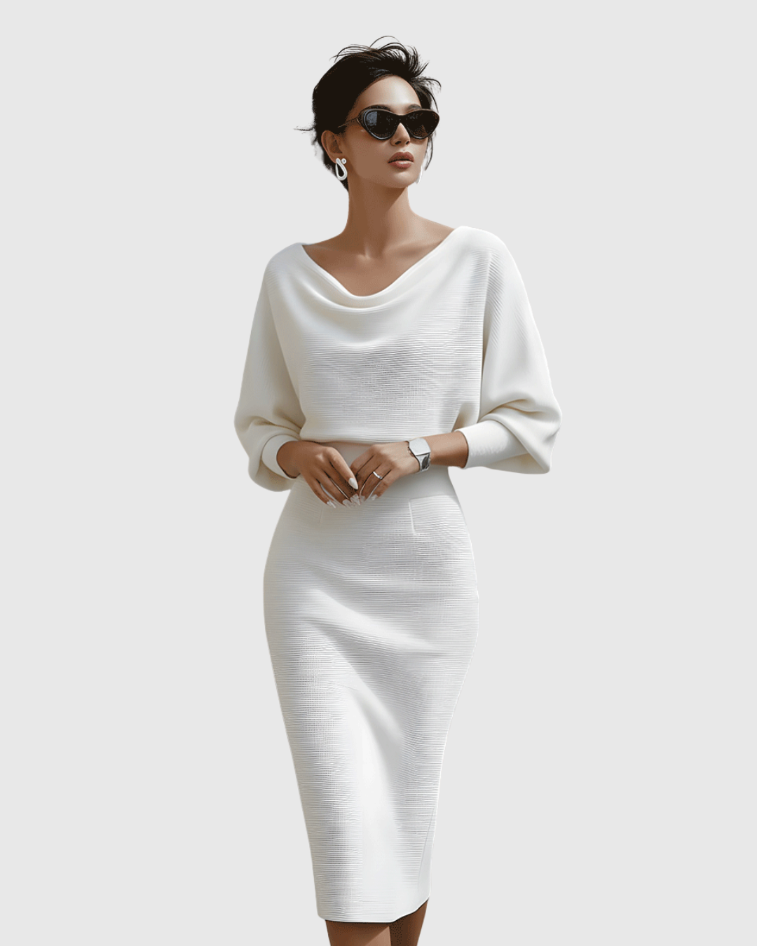 Women's Draped Fitted Cowl-Neck Long-Sleeve Midi Dress for Evening Wear — view 8