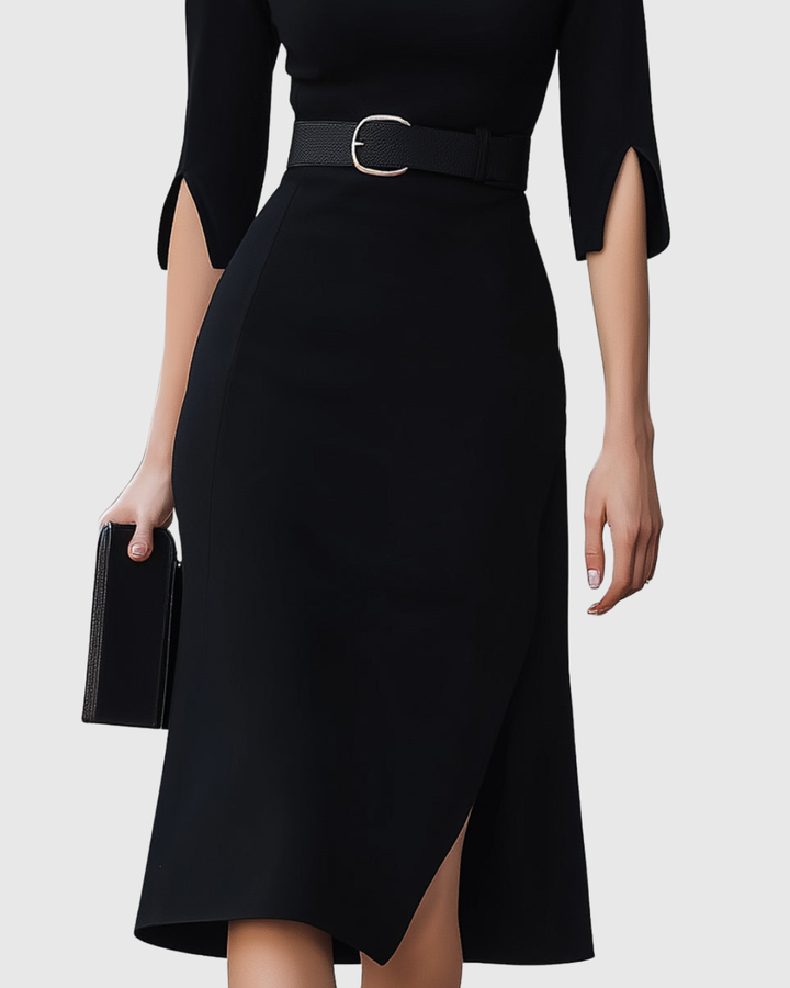 Women's Belted Asymmetric Short-Sleeve Midi Dress for Evening Wear — view 4