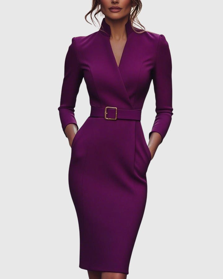 Rosamond | Women's Belted V-Neck Long Sleeve Midi Dress