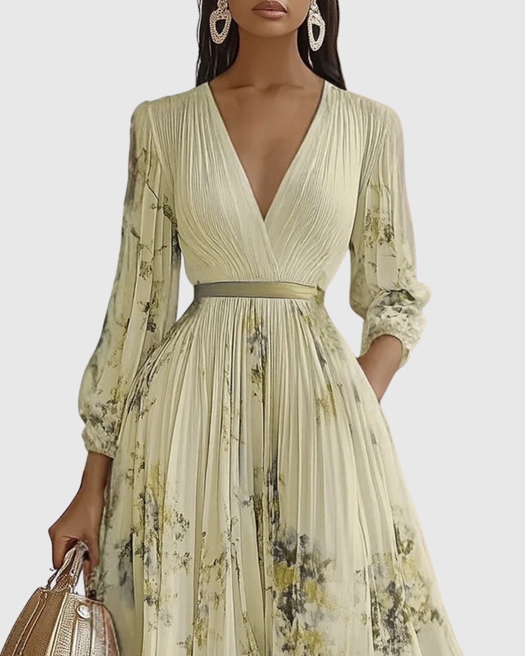 Women's Floral Pleated Tie-Waist V-Neck Maxi Dress for Formal Occasions — view 9