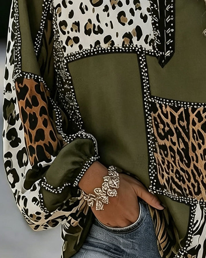 Vivianne | Women's Leopard Color Block V-Neck Blouse
