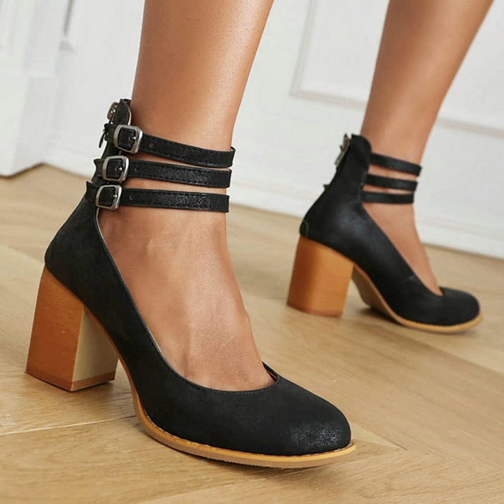 Heulwen | Women's Triple Buckle Block Heel Ankle Boots