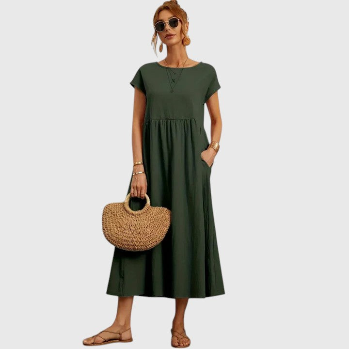 Women's Relaxed-Fit Flowy Round-Neck Short-Sleeve Midi Dress for Casual Wear — view 5