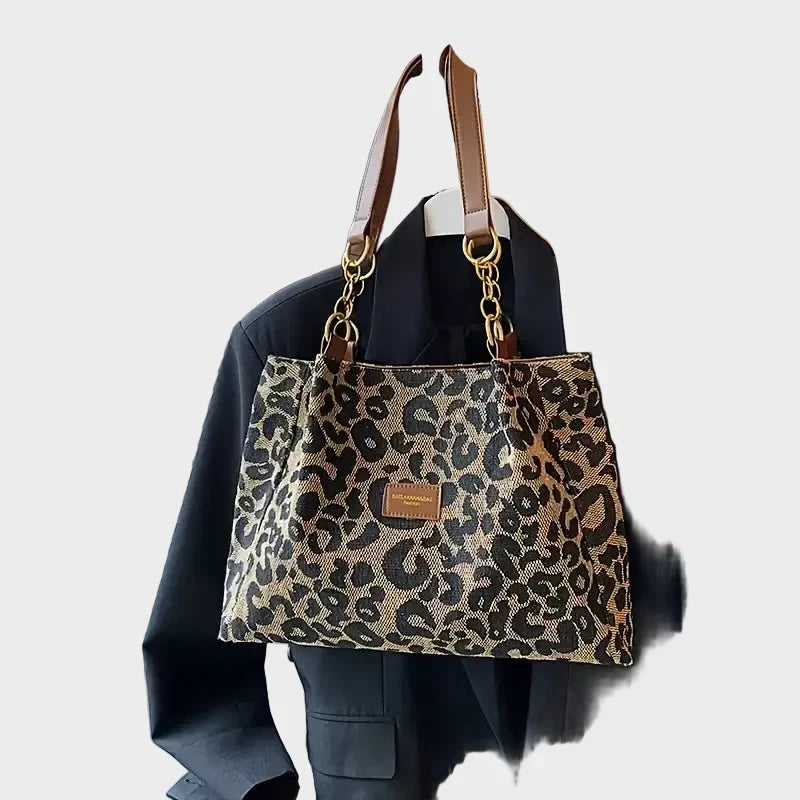 Wisteria | Women's Woven Leopard Print Tote With Chain Straps