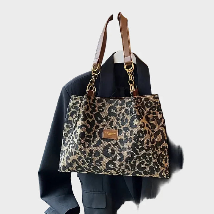 Wisteria | Women's Woven Leopard Print Tote With Chain Straps