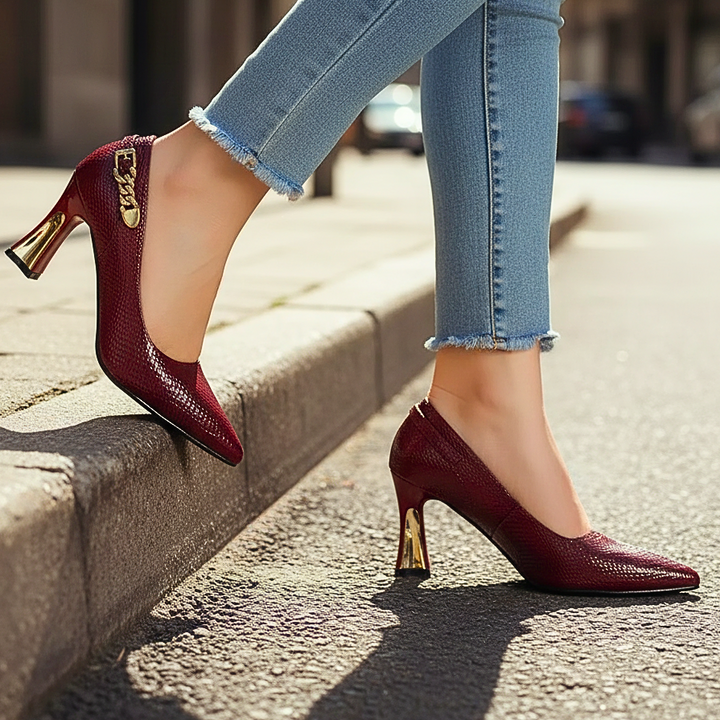 Merewyn Croc-Effect Pointed Pumps with Chain Detail - image 6