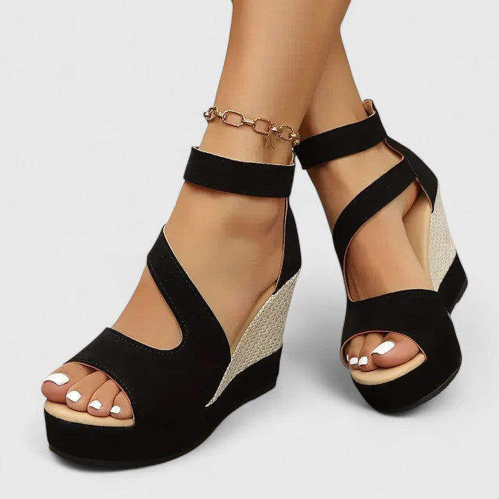 Women's Orthopedic Cushioned Wedge Elastic-Panel Sandals for Summer in Black — view 6