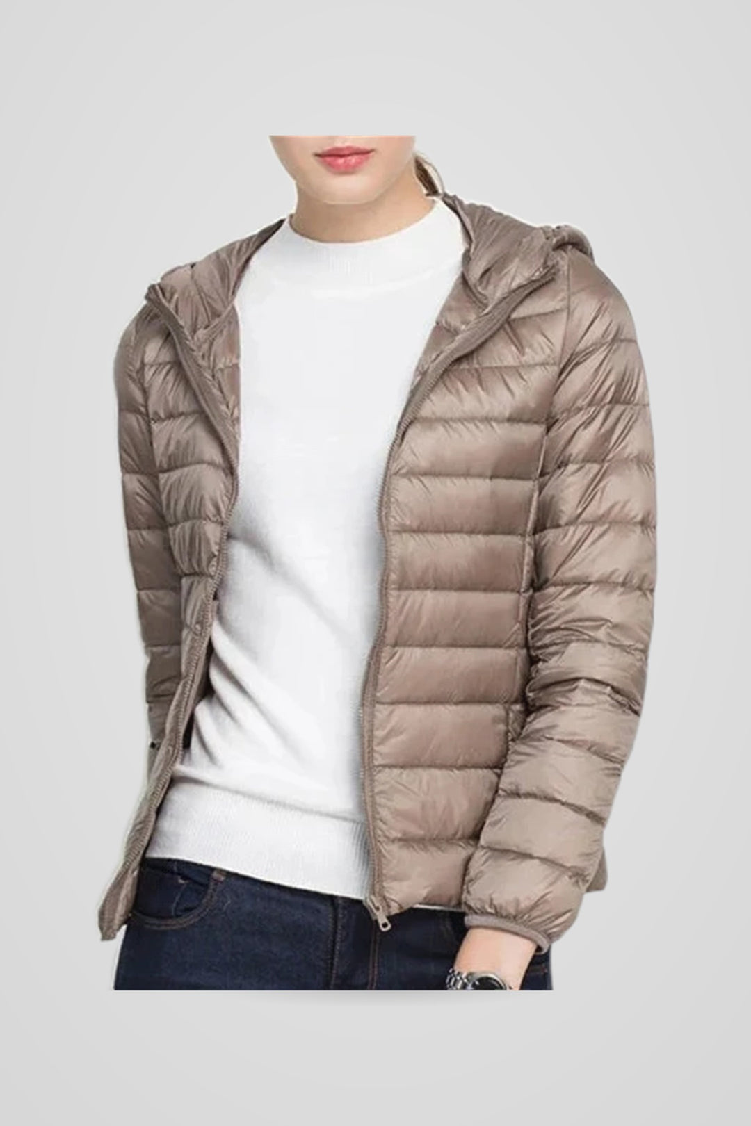 Wilhelmine | Women's Hooded Zip-Front Padded Jacket for Fall and Winter in Khaki